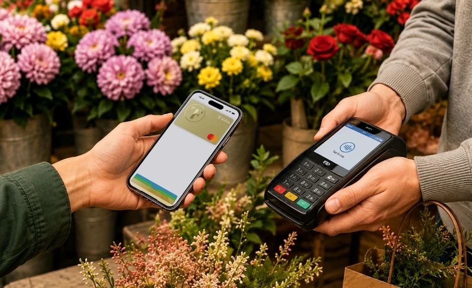 Mano di una persona con il telefono in mano, in cui si vede la TF Mastercard Gold nel suo wallet e che sta effettuando un pagamento dal fiorista