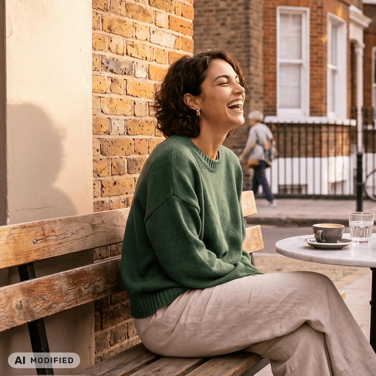 laughing woman sitting in an outdoors cafe