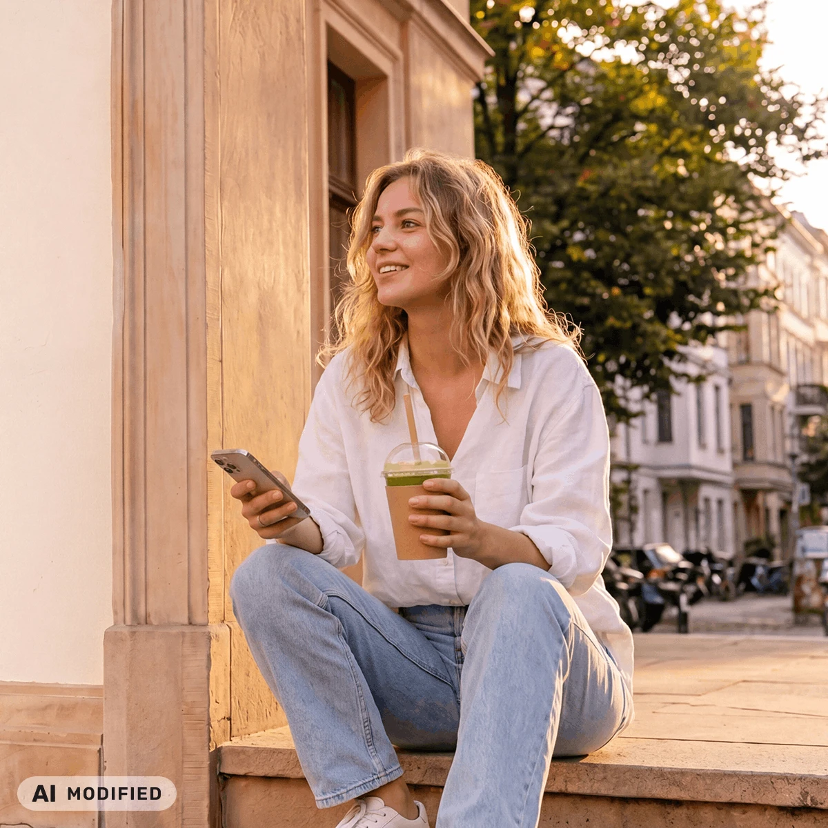smiling woman sitting on stairs with a phone and a smoothie in her hands